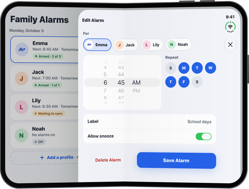 iPhone Duo unfolded: editing an alarm beside the Family list.