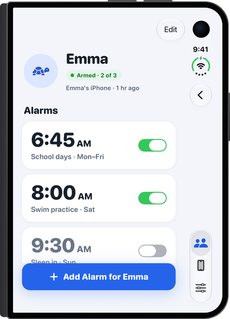 iPhone Duo folded: Emma's profile and alarms.